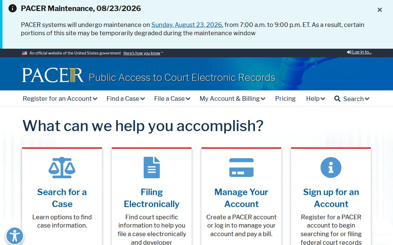 PACER federal docket access for Elizabeth-related federal cases