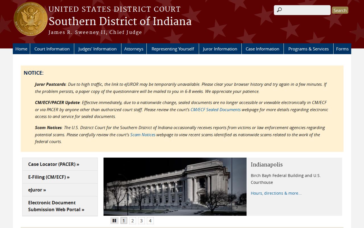 Southern District of Indiana website for Elizabeth federal court routing