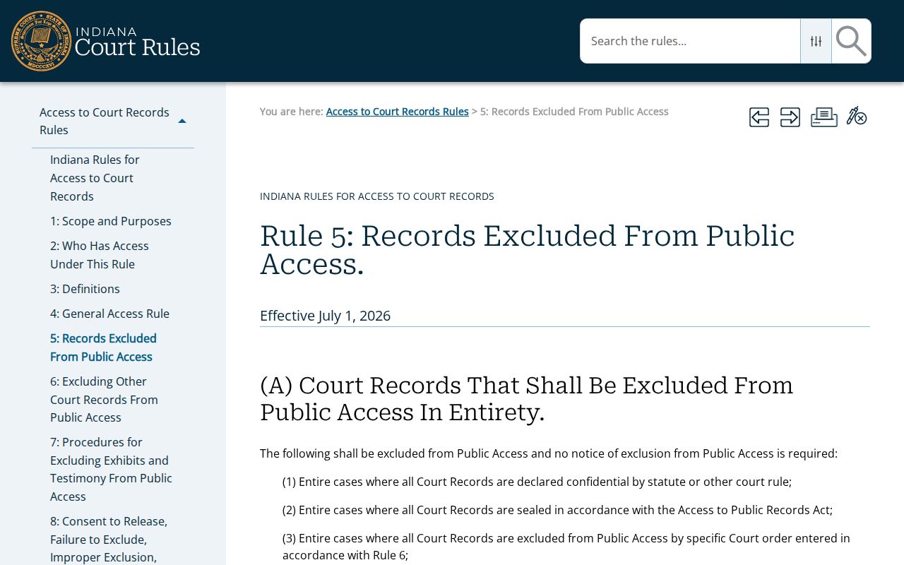 Indiana Access to Court Records Rule 5 for Milltown record limits