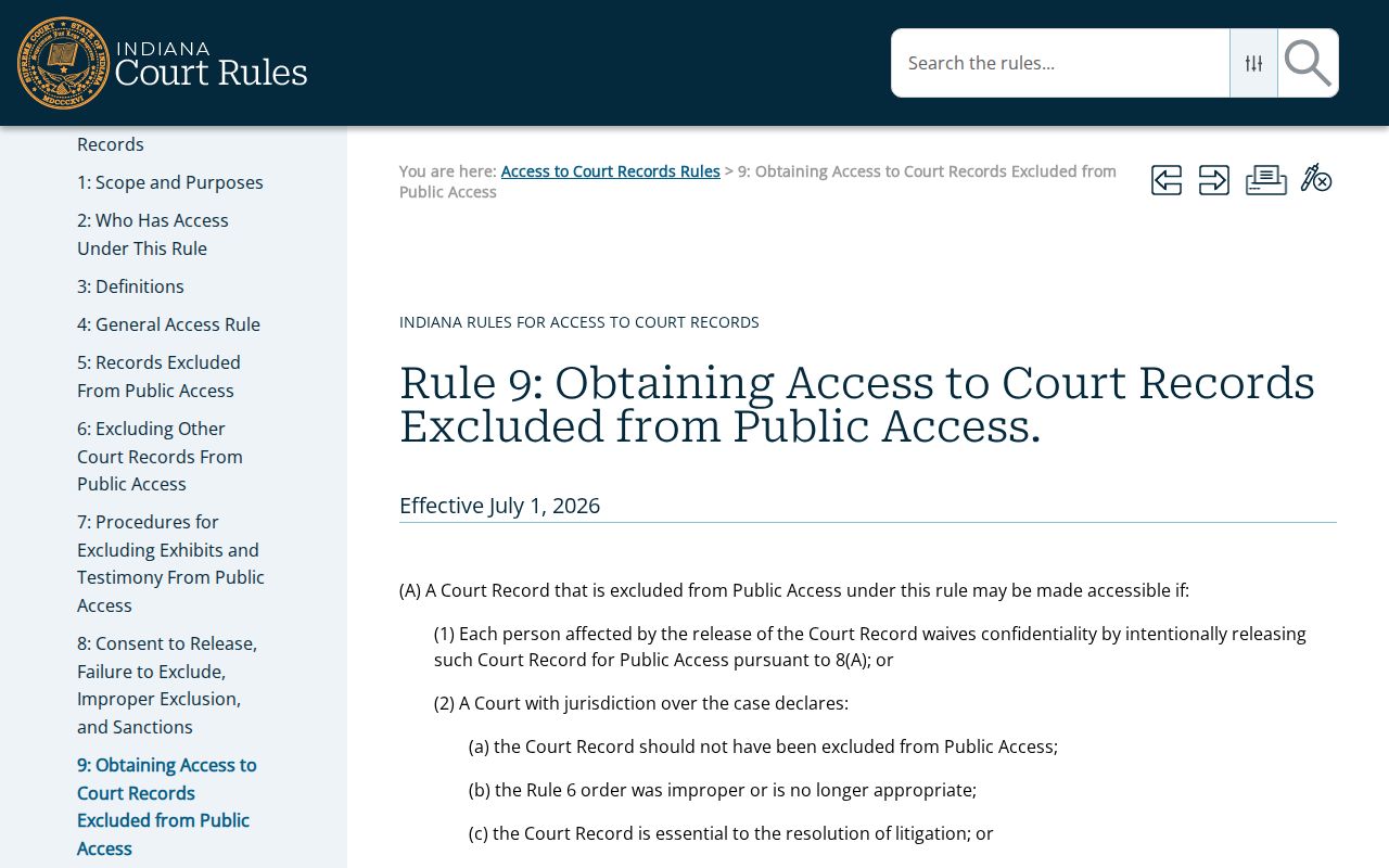 Indiana Rule 9 process for excluded Milltown court records