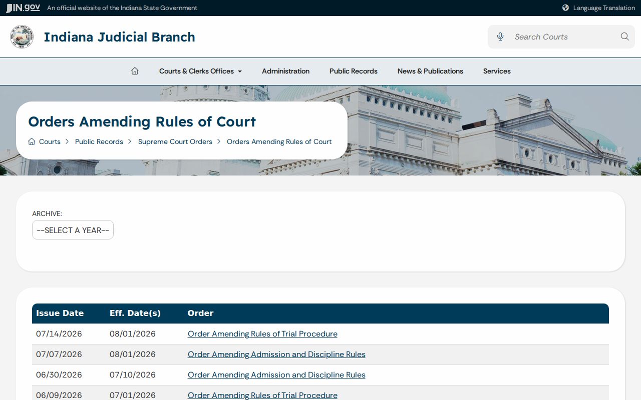 Indiana orders concerning access rules relevant to Milltown records