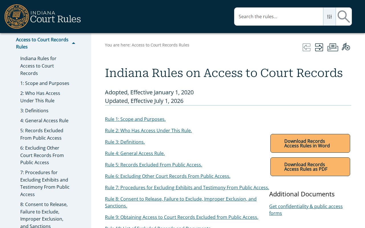 Indiana court records rules index used for Palmyra access research
