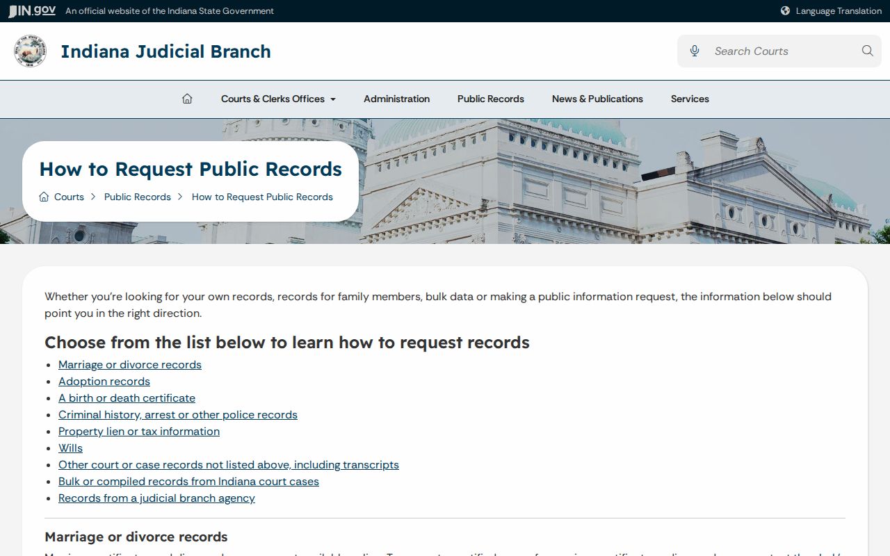 Indiana guidance for requesting Harrison County court case records