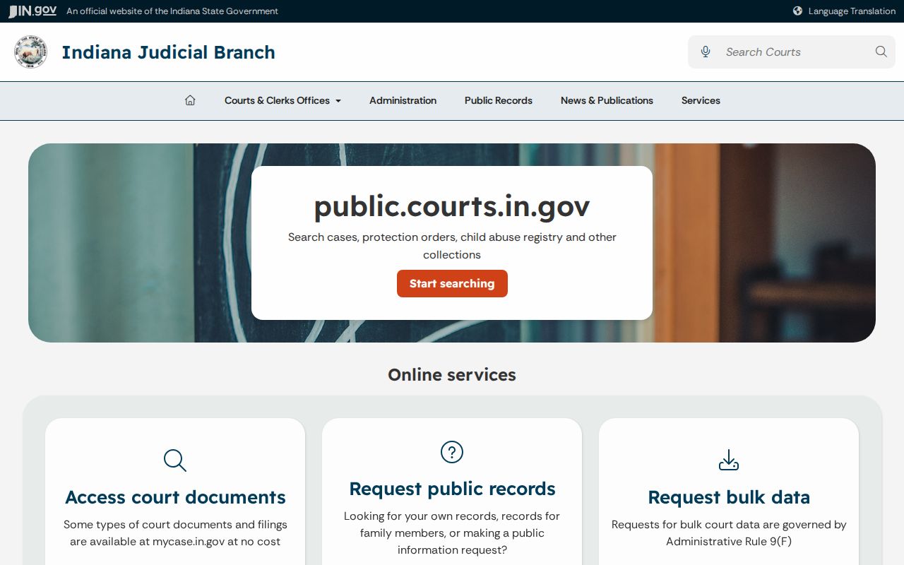 Indiana public court records access page for Harrison County requests