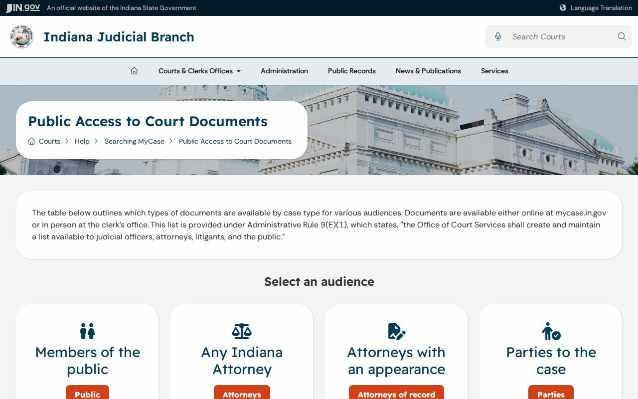Indiana MyCase document access rules for Harrison County court records