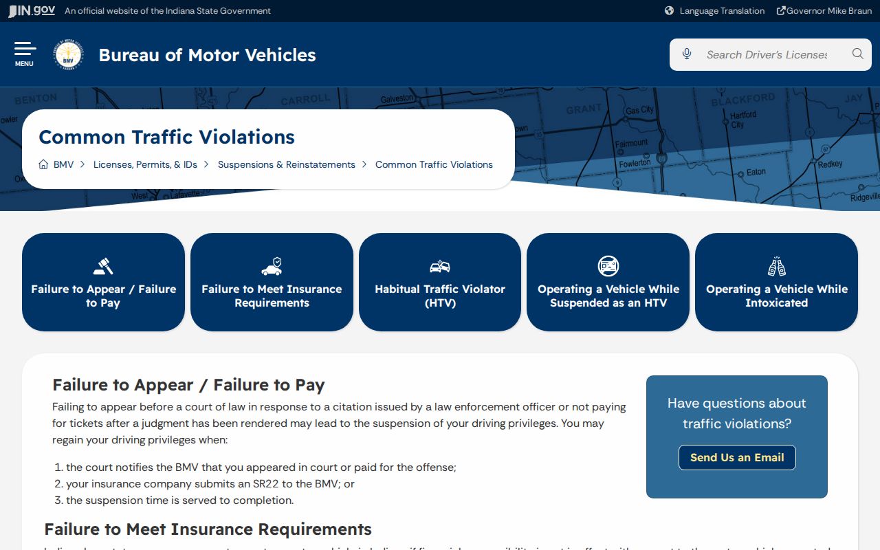Indiana BMV explanation of court-related failure to appear or pay